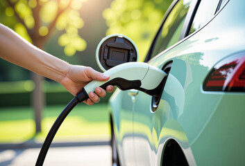 Electric car or EV is charging at EV station, Electric vehicle.