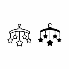 Fototapeta premium Two minimalist illustrations of a baby mobile featuring hanging star shapes.