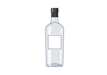 An image shows a glass bottle with a black cap and a white square label in the middle