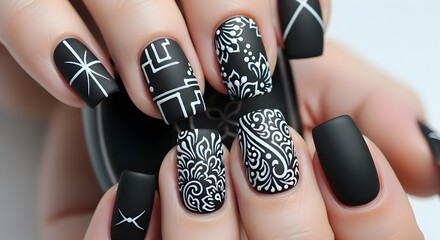 Woman's hands with matte black manicure and white nail art design