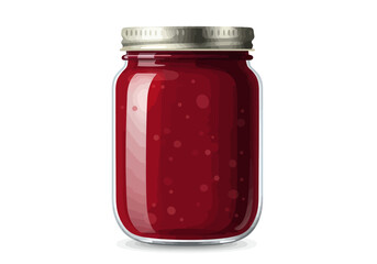 A jar of red jam with a ridged metal lid sits on a white surface