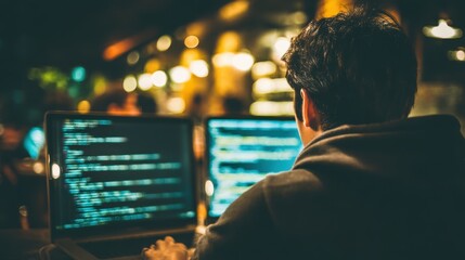 Nighttime coding session programmer engaged in multi-screen setup cozy home office warm atmosphere immersed in creativity