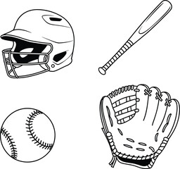 Baseball gear technical vector, helmet, bat, glove, ball sketch illustration, sports equipment for players, coaches, fans, training, design