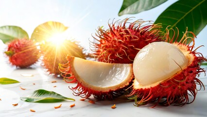 Rambutan fruits on a marble surface with sunlight reflecting and green leaves in the background