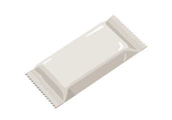 A white rectangular snack packet with crimped edges lies diagonally on a white background