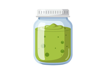 A glass jar filled with green textured substance and a white ribbed lid