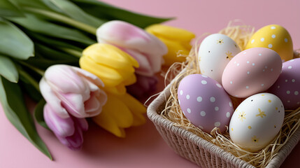 Pastel-themed Easter flat lay featuring tulips in bloom, decorated eggs with floral and polka dot patterns, rustic basket, and feathers on soft background, ideal for spring promotions, easter holiday 