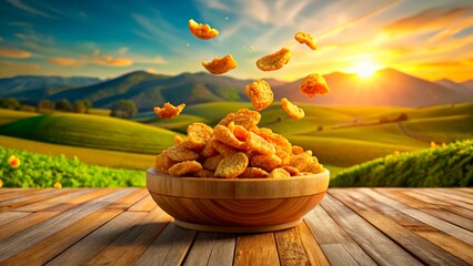 Golden snacks soar above a wooden bowl with a vibrant sunset in the background