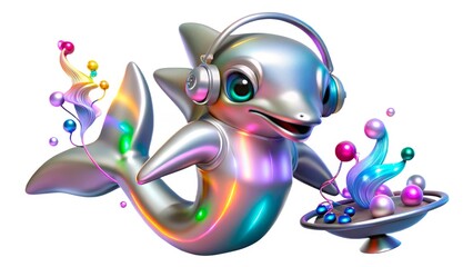 Unique silver dolphin character wearing headphones and mixing colorful music notes in a vibrant setting