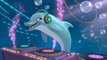 Dolphin DJ creates underwater party vibes with music and bubbles in ocean setting during daytime