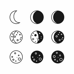 A set of nine moon phase illustrations, showing various stages from crescent to full, in black and white.