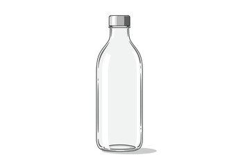 A tall transparent bottle with a silver cap stands on a white surface casting a subtle shadow