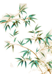 Obraz premium Intricate, stylized botanical design. Branches and leaves in teal and gold on a black background. Delicate, textured foliage. Stylized, graphic rendering