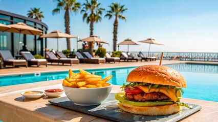 Luxurious poolside dining featuring a gourmet burger and fries with palm trees in the background