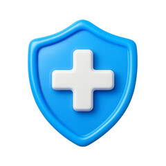 Obraz premium 3D Medical Shield Icon. Glossy Blue Plastic Cross Symbol for Healthcare and Emergency Apps