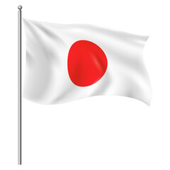 Waving Japanese Flag on Flagpole &ndash; National Flag of Japan with Red Circle on White Background