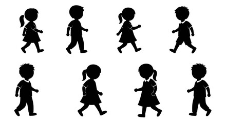 Obraz premium Black silhouettes of children walking in a line on a white background in a simple vector graphic style