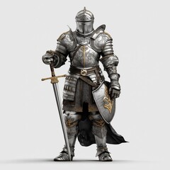 Obraz premium medieval knight warrior in metal historical armor and helmet armed with a sword onwhite isolated background