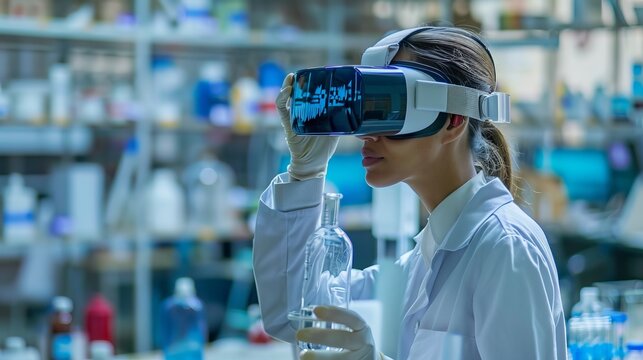 A scientist peers into a virtual world using a virtual reality headset in a laboratory setting.
