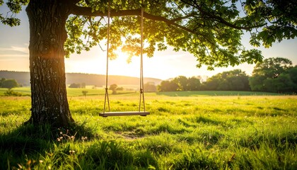 Rustic swing in a sunlit meadow