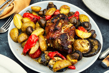 Roast pork meat with vegetables.