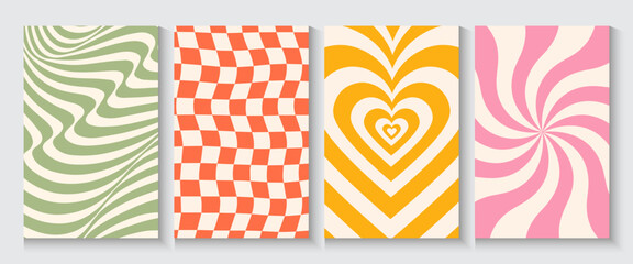 Groovy hippie 70s poster, cards, banner backgrounds. Waves, swirl, twirl pattern. Twisted, Y2k texture seamless patterns with cute colours in trendy retro trippy style. Lilac, pink, orange and green.