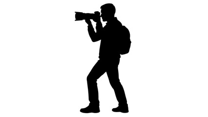 Silhouette of a photographer with a camera isolated on white background