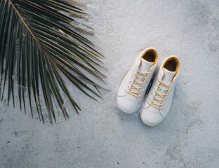 White shoes beach sand palm leaf summer vacation travel