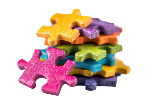 A stack of colorful wooden jigsaw puzzle pieces
