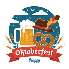 Oktoberfest Beer Pretzel Hat Flat Vector Illustration