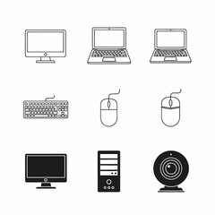 Simple line art illustrations of various computer hardware components, including monitors, laptops, keyboards, mice, and a computer tower.