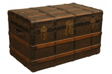 Vintage wooden trunk with metal details isolated on transparent background, evoking travel and nostalgia