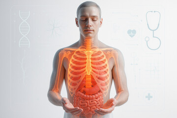 AI generated ultra realistic sci fi medical concept showing glowing human skeleton and internal organs symbolizing deep health care and life energy in clean futuristic style