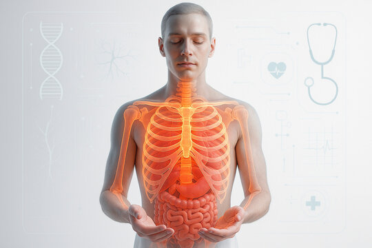AI generated ultra realistic sci fi medical concept showing glowing human skeleton and internal organs symbolizing deep health care and life energy in clean futuristic style