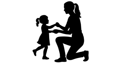 A mother and daughter holding hands and playing, isolated on white background