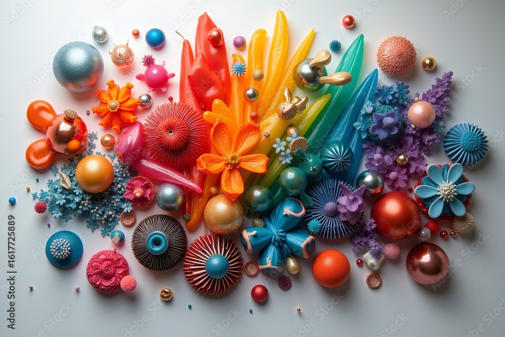 Poster vivid and diverse composition: a conceptual image featuring a multitude of colorful and unique objec