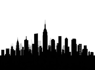 Obraz premium Silhouette of a city skyline. Dark, solid background; light grayscale outline of skyscrapers. Distinctive building shapes, some very tall, forming a horizontal cityscape