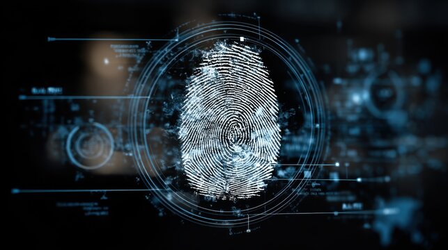 Digital fingerprint analysis cybersecurity lab graphic visualization tech environment close-up view identity protection concept