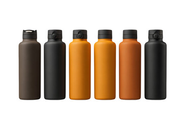 A set of solid color water bottles, in dark blue and orange styles, minimalism, dark green and beige style, minimalist  isolated on a transparent background in PNG format.