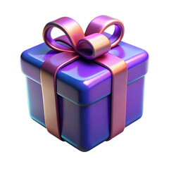 Shiny purple gift box with golden ribbon isolated on transparent background