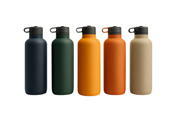 A set of solid color water bottles, in dark blue and orange styles, minimalism, dark green and beige style, minimalist  isolated on a transparent background in PNG format.