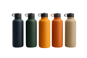 A set of solid color water bottles, in dark blue and orange styles, minimalism, dark green and beige style, minimalist  isolated on a transparent background in PNG format.