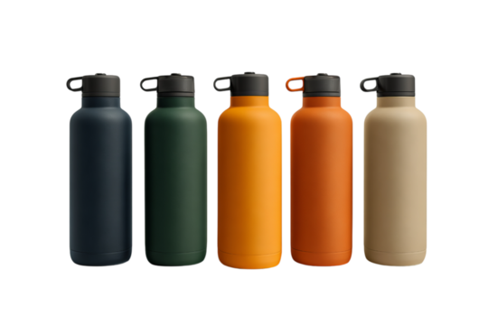 A set of solid color water bottles, in dark blue and orange styles, minimalism, dark green and beige style, minimalist  isolated on a transparent background in PNG format.