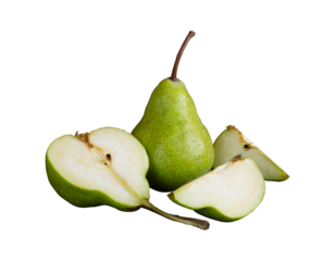 display of whole and cut green pear slice