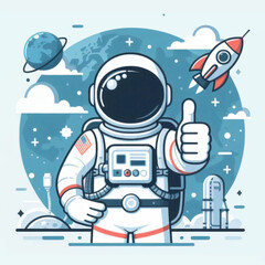 Astronaut in Space Suit Giving Thumbs Up, Rocket and Planet Background © Ridwan