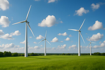 Wind turbines farm renewable energy green field blue sky power generation