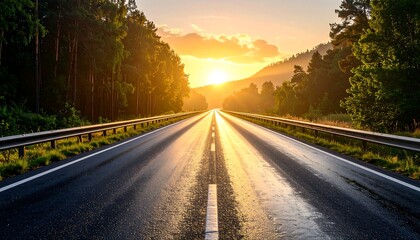 Fototapeta premium Road leading to sunset through forest