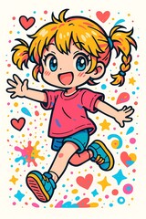 Joyful anime girl with blonde pigtails happily running amidst colorful confetti and hearts