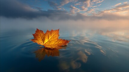 Lonely Yellow Maple Leaf Floating on Water at Dawn