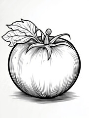 Detailed black and white sketch of a tomato with leaves.
